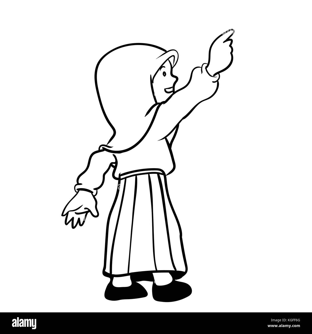 Hand drawn Muslim girl pointing up, Cartoon with Victory sign, Isolated on white background. Black and White simple line Vector Illustration for Color Stock Vector