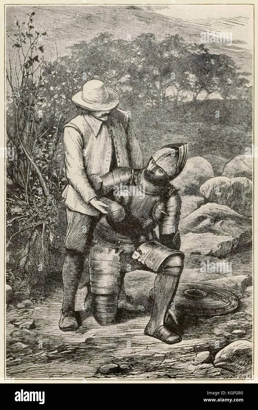 ‘Christian and Faithful join company’ from ‘The Pilgrim’s Progress From This World, To That Which Is To Come’ by John Bunyan (1628-1688) illustration by Thomas Dalziel (1823–1906). Faithful helps the impetuous pilgrim to his feet. See more information below. Stock Photo