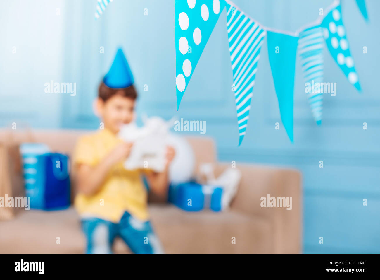 Flags hanging in the room decorated for birthday party Stock Photo Alamy