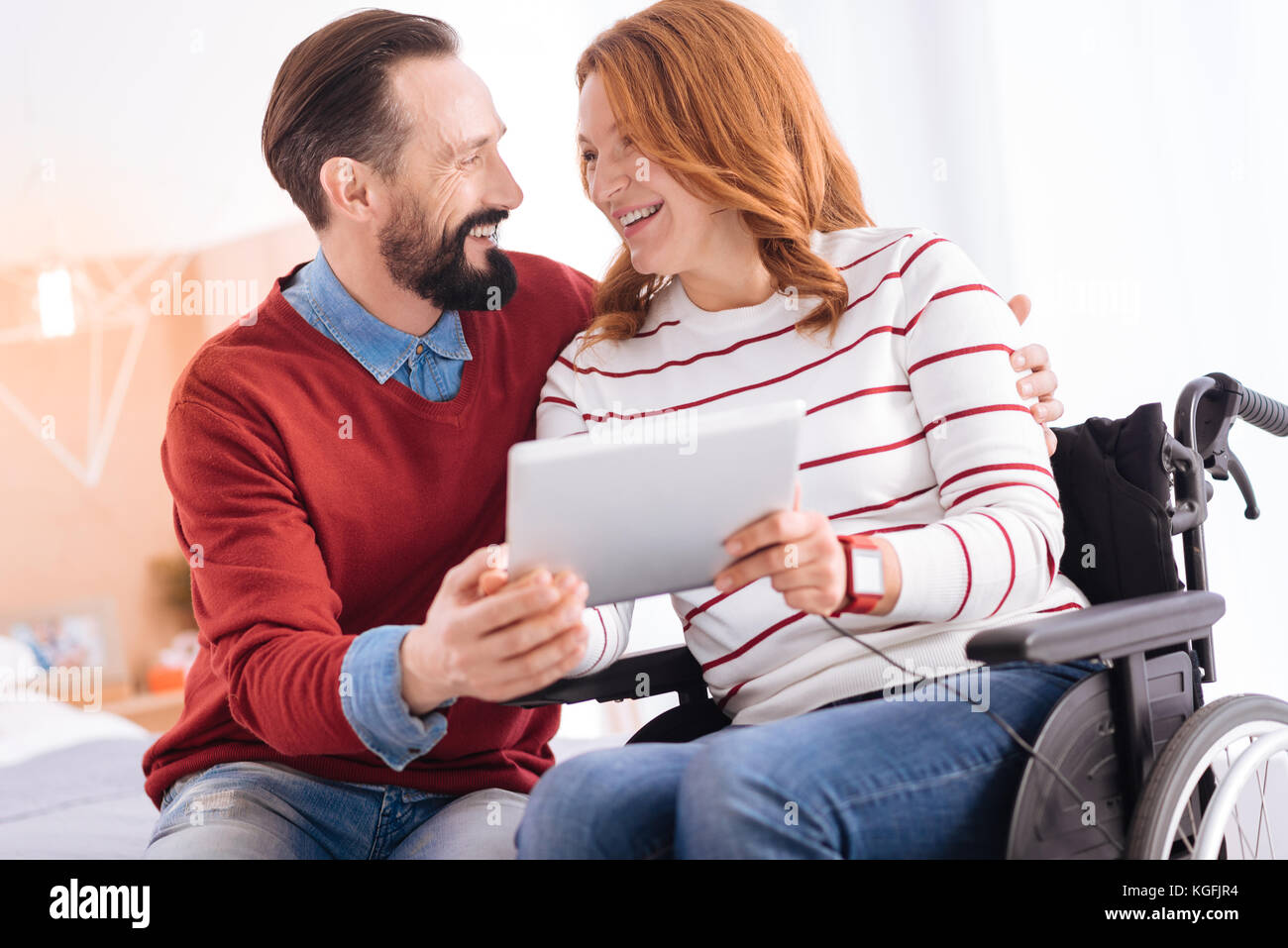 Content woman and man laughing and relaxing Stock Photo
