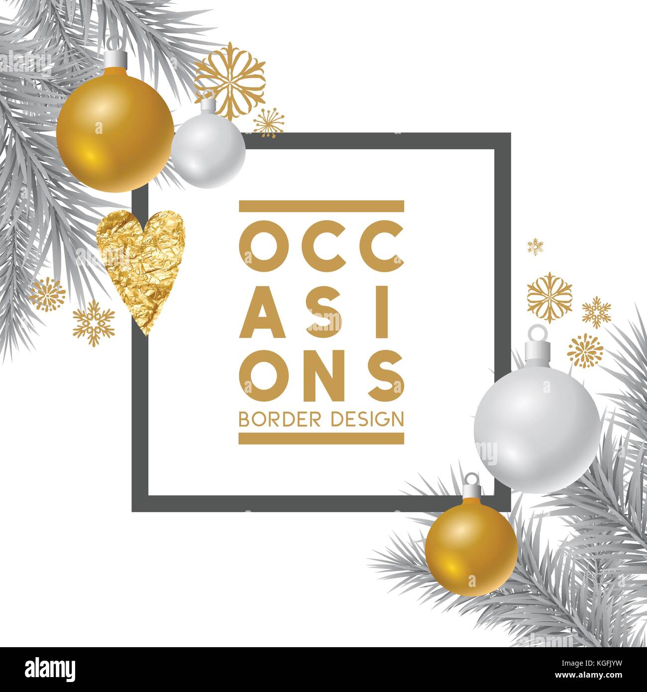 Silver and gold Christmas ornaments composition border frame with room for a personalised message. Vector illustration Stock Vector