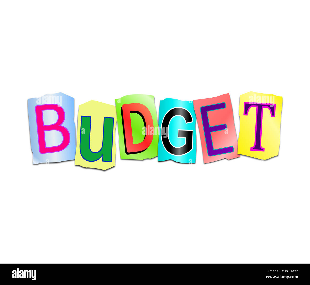 Illustration depicting a set of cut out printed letters arranged to form the word budget. Stock Photo