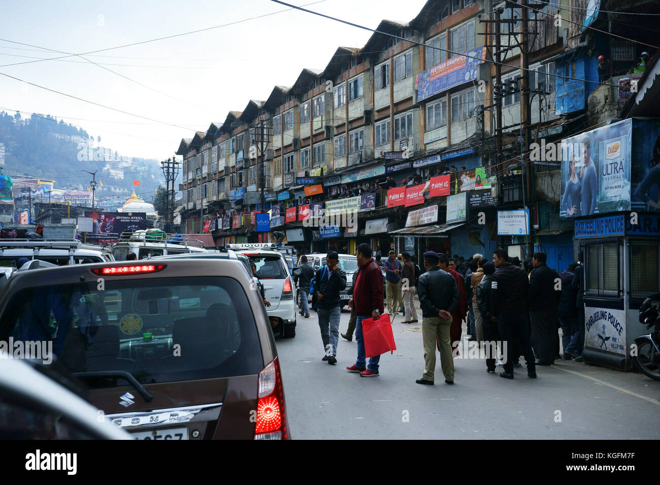 Dense traffic in street at shopping area, Darjeeling, West Bengal, India Stock Photo