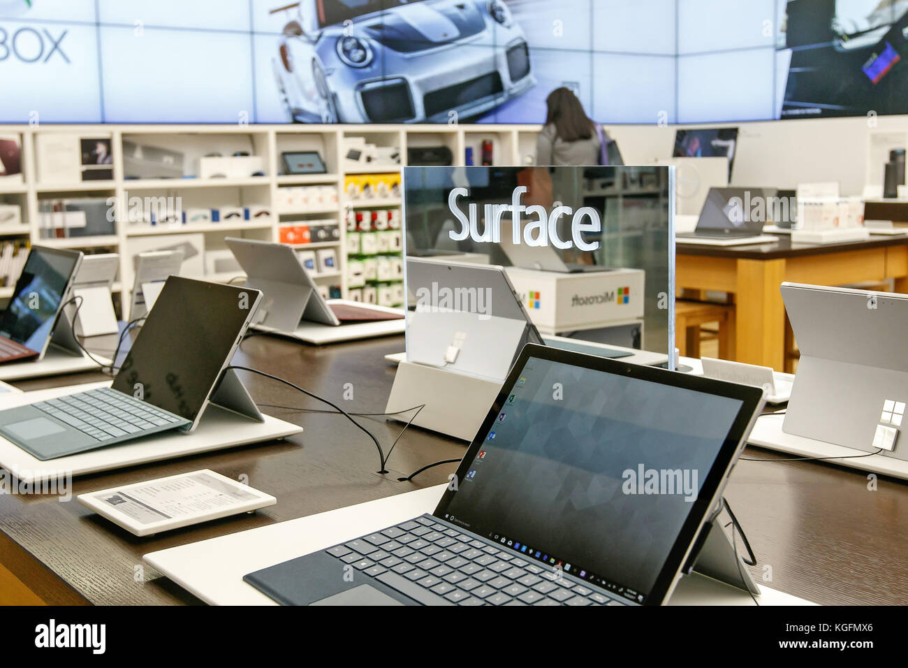 Variety of laptops running Windows Surface for sale at a Microsoft store in Prudential Center in Boston. Stock Photo