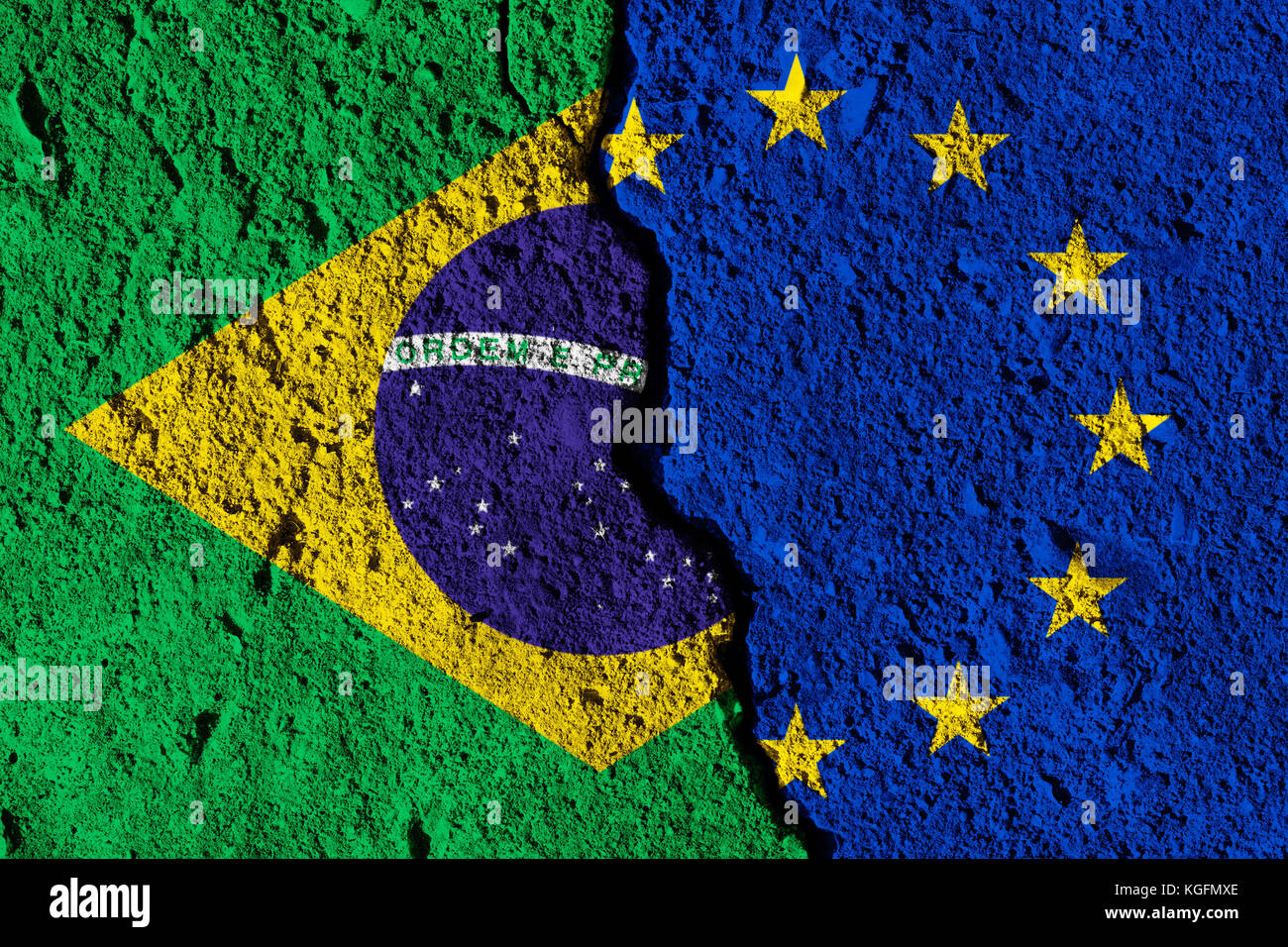 Crack between European union and Brazil flags. political relationship concept Stock Photo