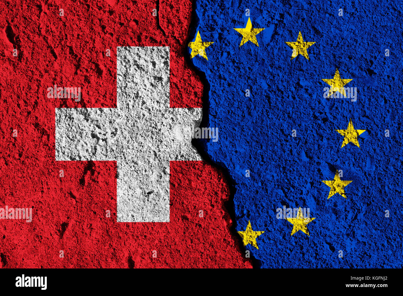 Crack between European union and Switzerland flags. political