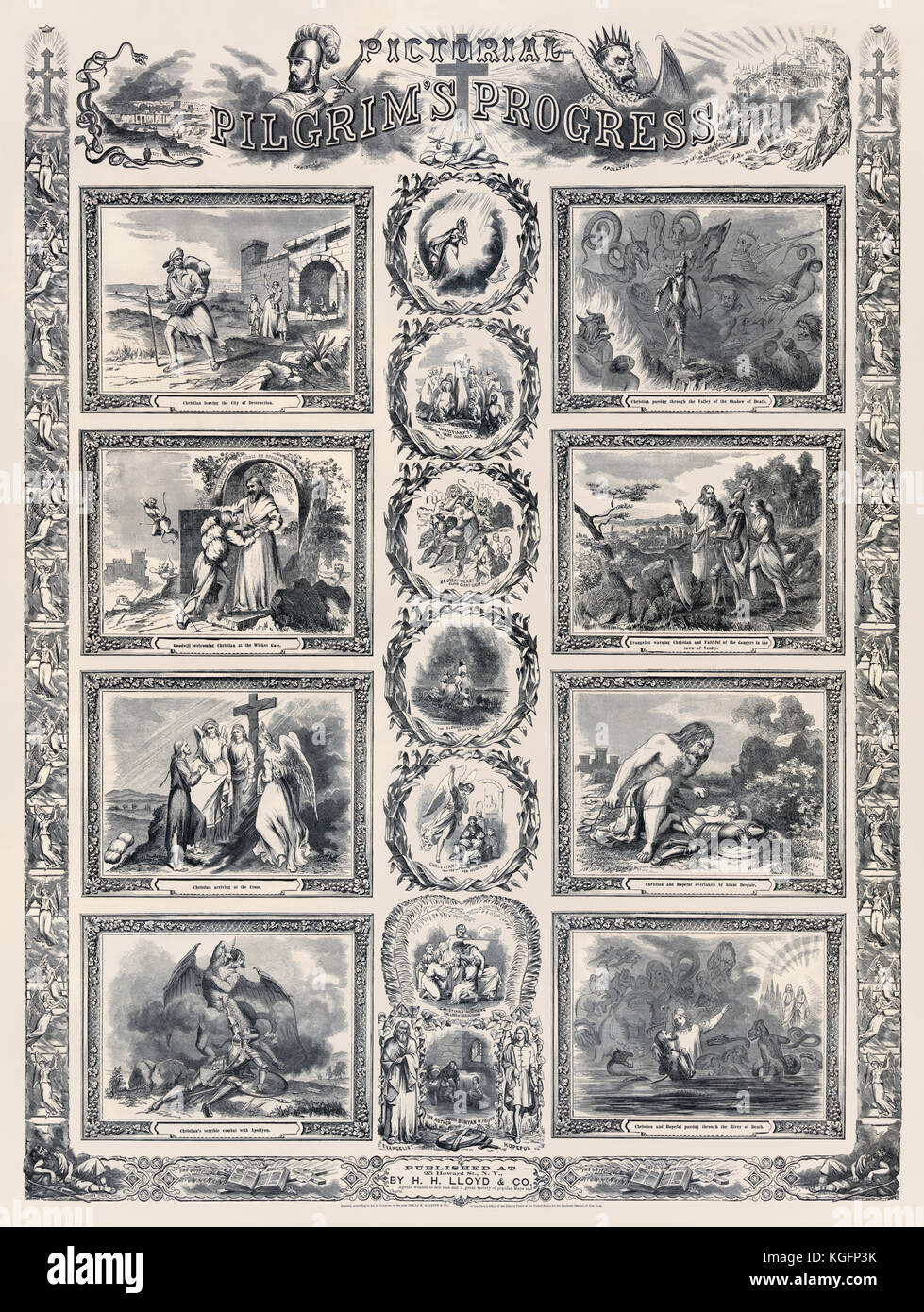 ‘Pictorial Pilgrim's Progress’ showing various events during Christian’s journey from the City of Destruction (Earth) to the Celestial Kingdom (Heaven). Published by H. H. Lloyd & Co. NYC in 1862 based on ‘The Pilgrim’s Progress From This World, To That Which Is To Come’ by John Bunyan (1628-1688) published in 1678. Stock Photo