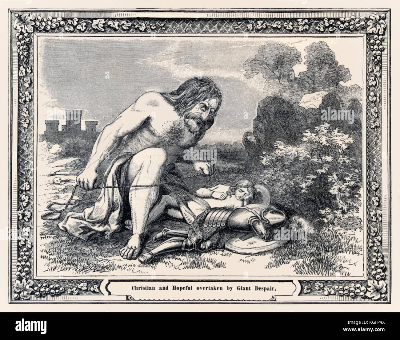 ‘Christian and Hopeful overtaken by the Giant Despair’ from the ‘Pictorial Pilgrim's Progress’ published by H. H. Lloyd & Co. NYC in 1862 based on ‘The Pilgrim’s Progress From This World, To That Which Is To Come’ by John Bunyan (1628-1688) first published in 1678. Stock Photo
