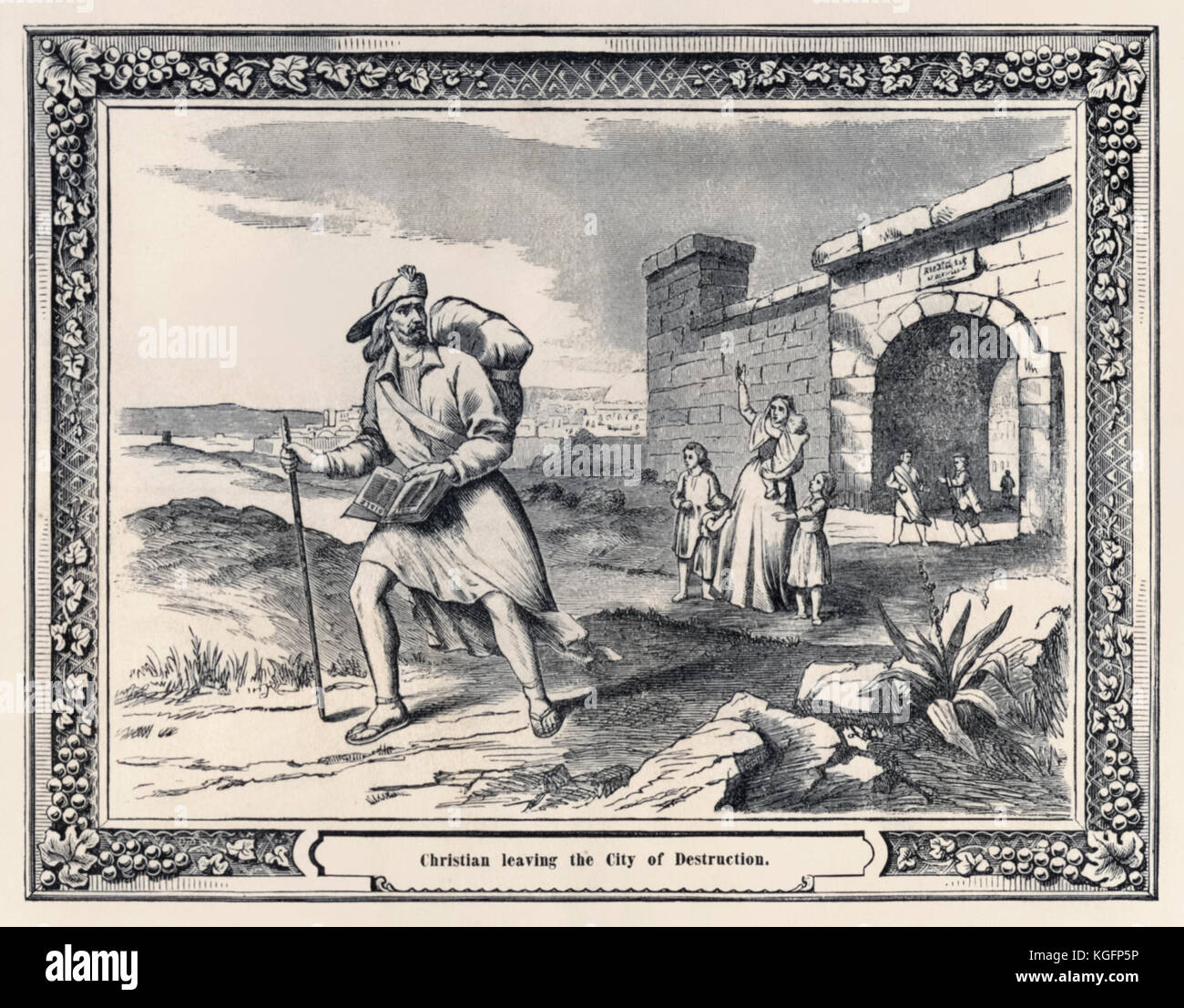 ‘Christian leaving the City of Destruction’ from the ‘Pictorial Pilgrim's Progress’ published by H. H. Lloyd & Co. NYC in 1862 based on ‘The Pilgrim’s Progress From This World, To That Which Is To Come’ by John Bunyan (1628-1688) first published in 1678. Stock Photo