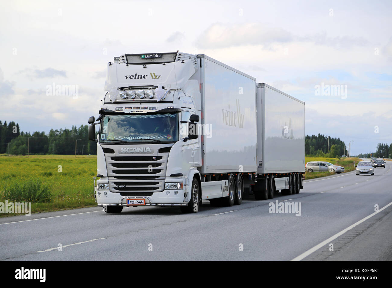 LUOPAJARVI, FINLAND - AUGUST 6, 2015: Scania G450 temperature controlled truck on the road. Early introduction of the Euro 6 range contributed to Scan Stock Photo