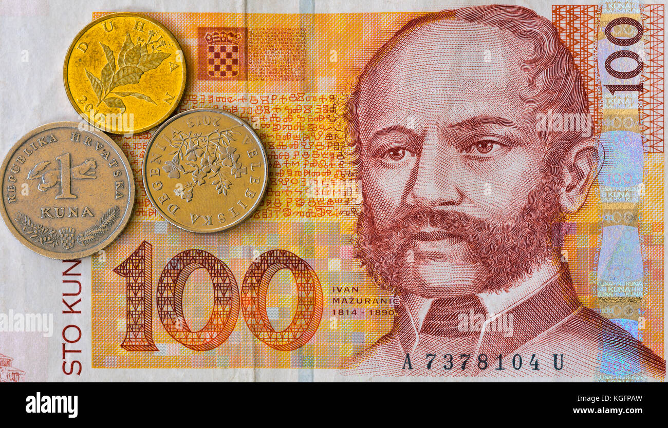 Croatian currency note 100 Kuna banknote and coins macro, front side. Portrait of Ban Ivan Mazuranic. Stock Photo