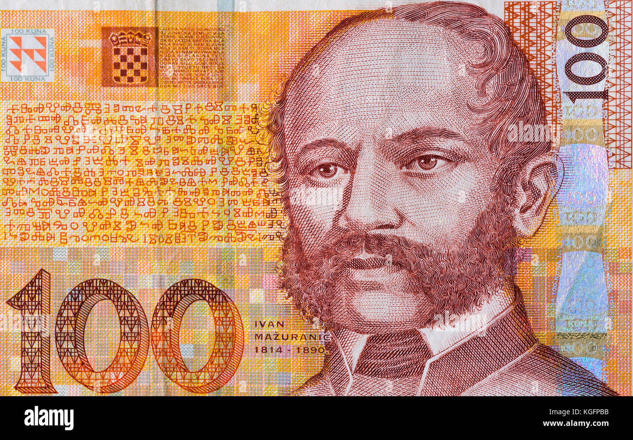 Croatian currency notes 100 Kuna banknote macro, front side. Portrait of Ban Ivan Mazuranic. Stock Photo