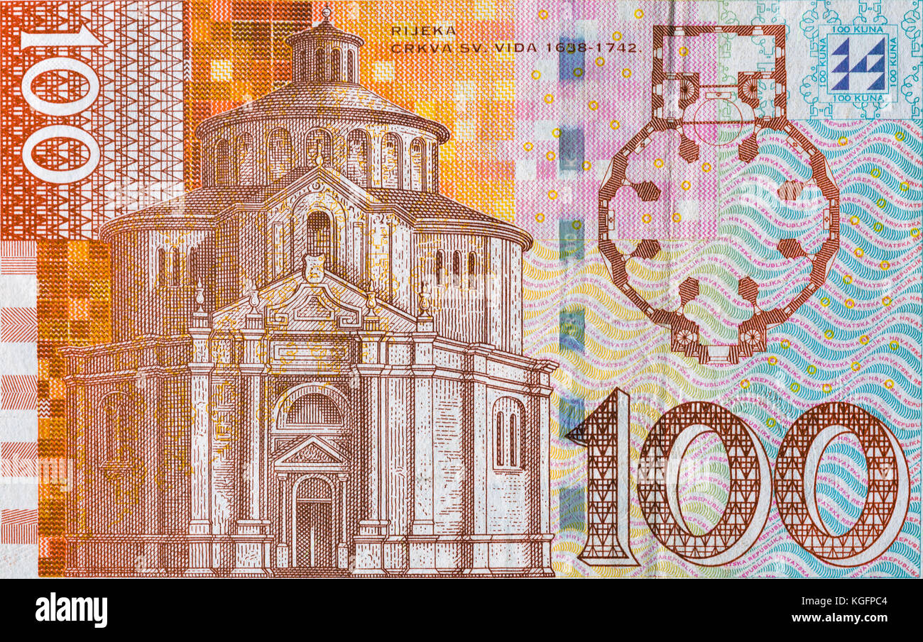 Croatian currency notes 100 Kuna banknote macro, back side. St. Vitus Cathedral in Rijeka and its layout. Stock Photo