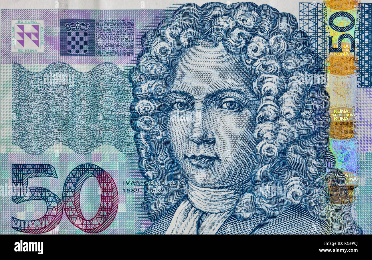 Croatian currency notes 50 Kuna banknote macro, front side. Ivan Gundulic portrait. Stock Photo