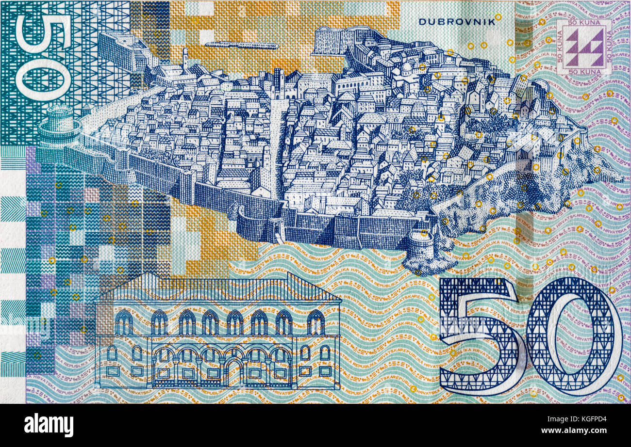 Croatian currency notes 50 Kuna banknote macro, back side. The Old City of Dubrovnik and its Rector's Palace. Stock Photo