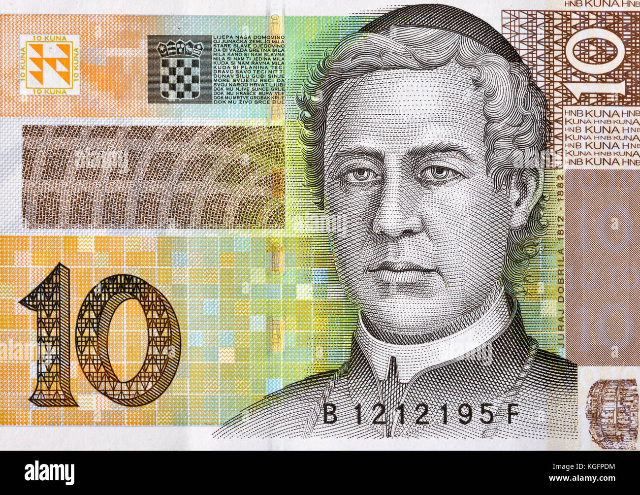 Croatian currency notes 10 Kuna banknote macro. Portrait of Bishop Juraj Dobrila. Stock Photo