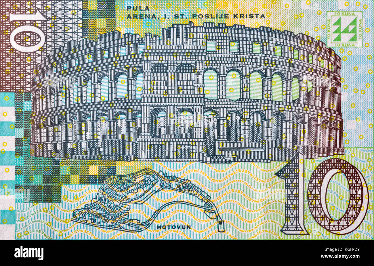 Croatian currency notes 10 Kuna banknote macro, back side. The Pula Arena and Motovun town layout. Stock Photo