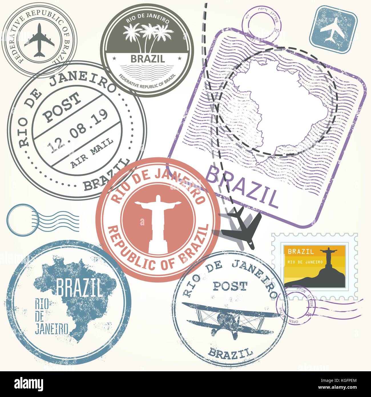 Travel stamps set - Brazil and Rio de Janeiro journey Stock Vector