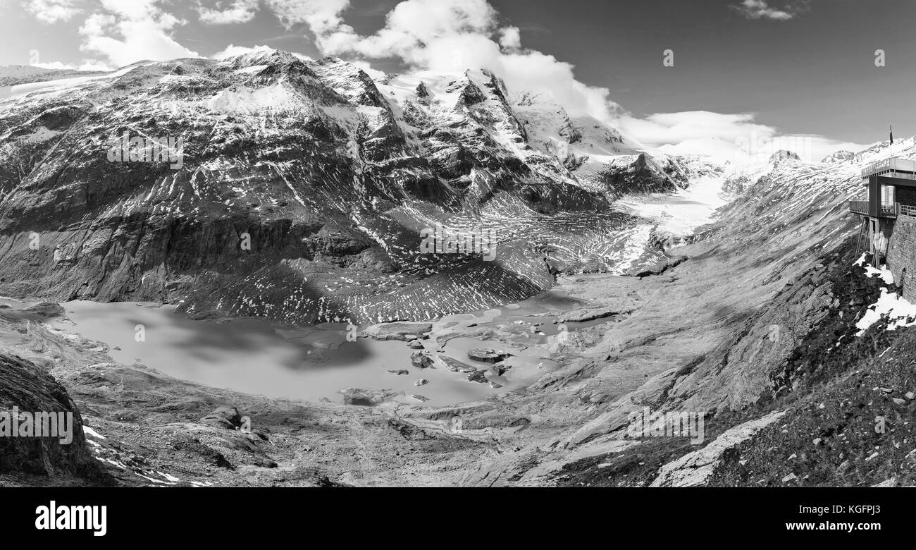 Mountain landscape on Kaiser Franz Josef glacier panorama. Grossglockner High Alpine Road in Austrian Alps. Black and white. Stock Photo
