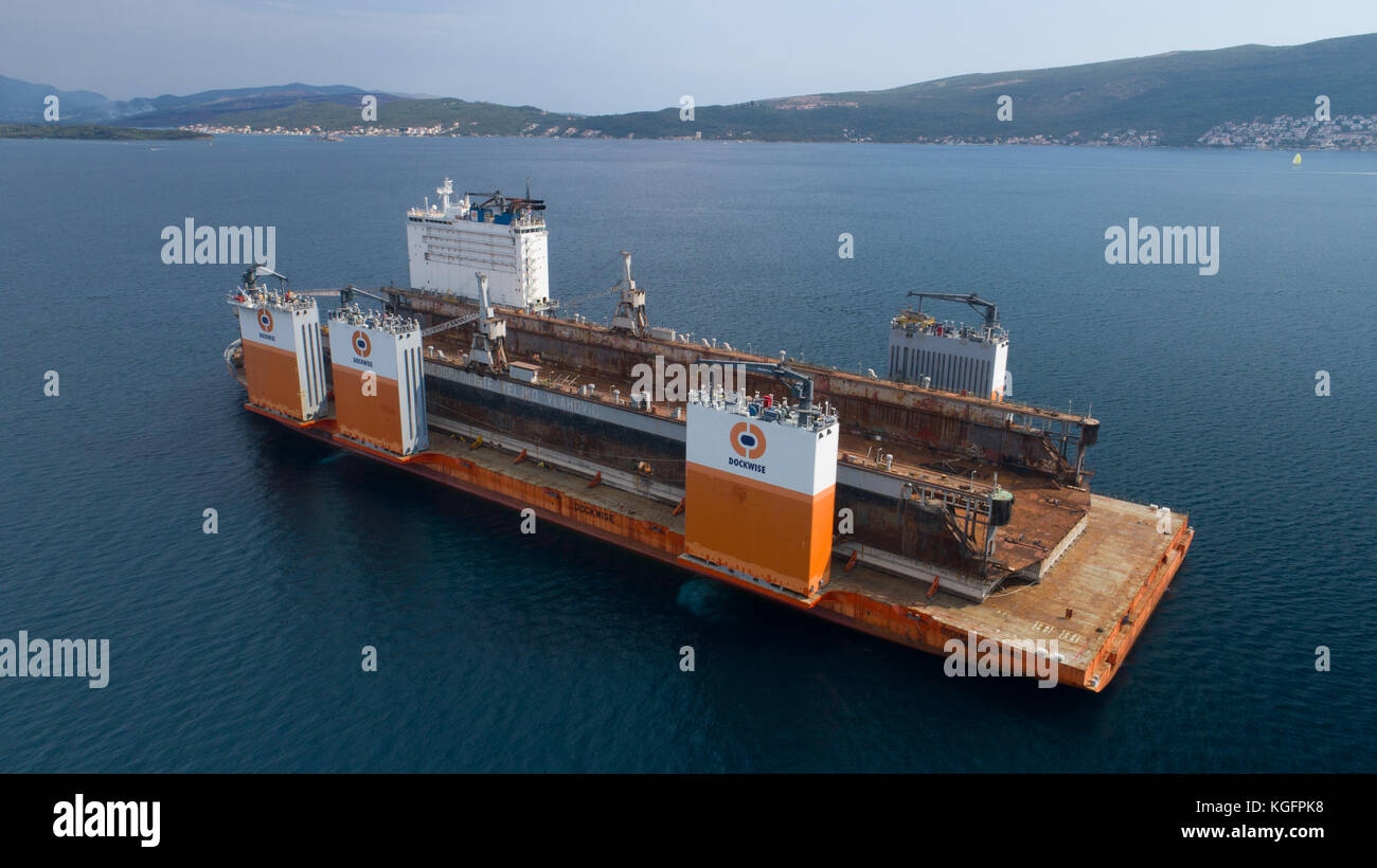 Tivat, Montenegro - 4 August 2017: Heavy lift vessel Dockwise Vanguard came to Montenegro to take the floating dock Stock Photo