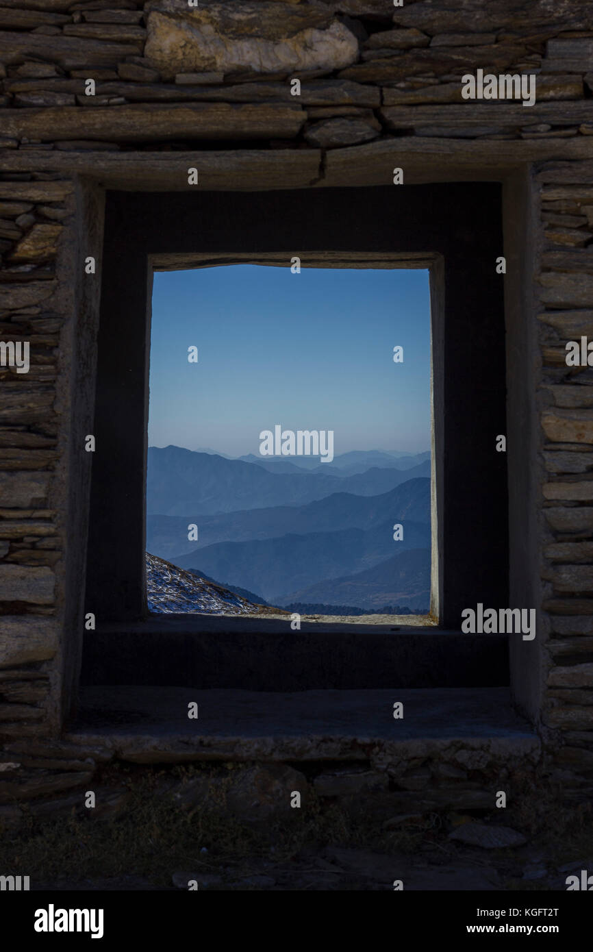 View from pahtway toward Tungnath Temple, Chpota, Uttarakhand, India. Stock Photo