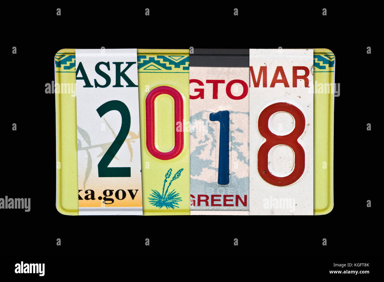 2018 writtten with US licence plates, black slate background Stock Photo