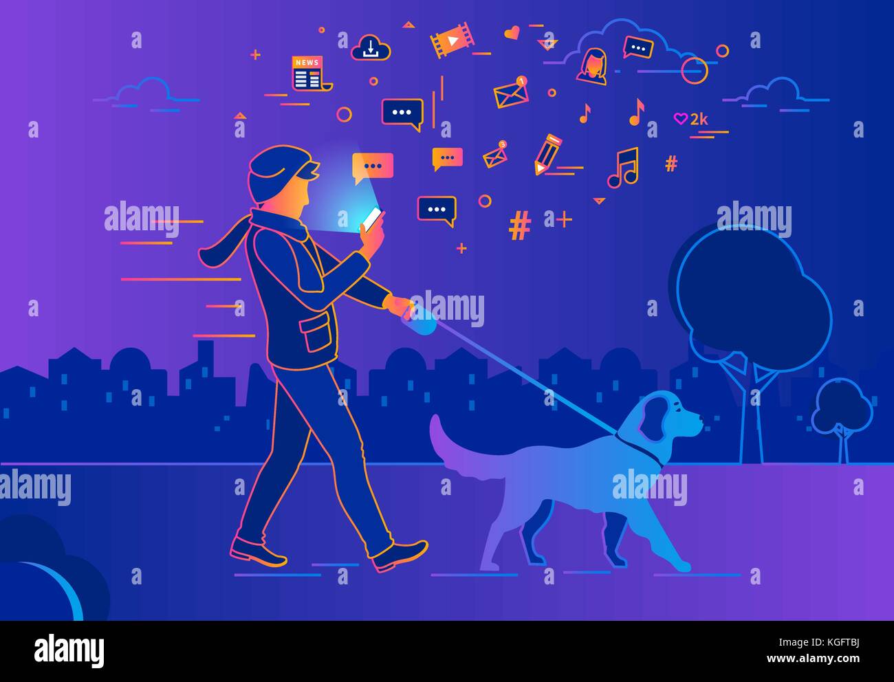 Young man walking outdoors with his dog in the evening Stock Vector ...