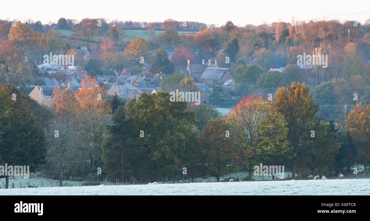 South Newington village in the autumn frost at sunrise. South Newington
