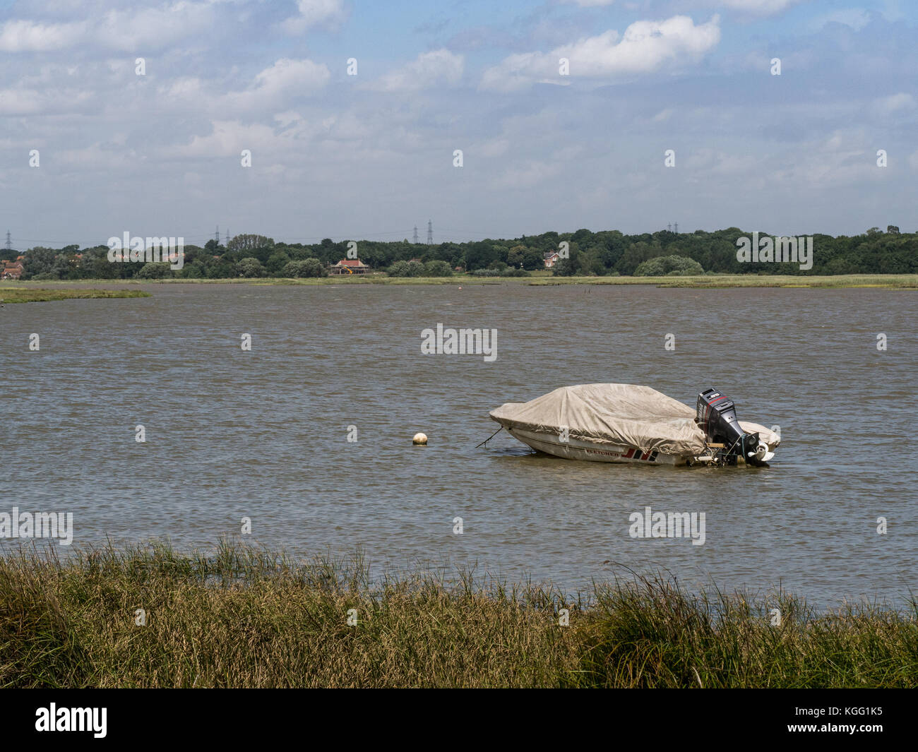 Speedboat moored on the river Alde at Iken Stock Photo