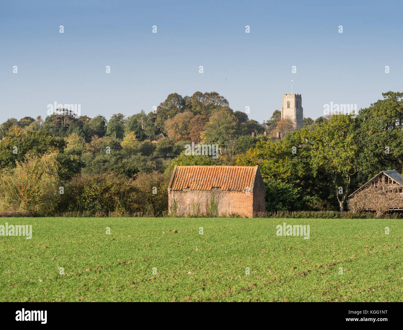 Traditional English rural landscape with brick farm building and church visible in the background Stock Photo