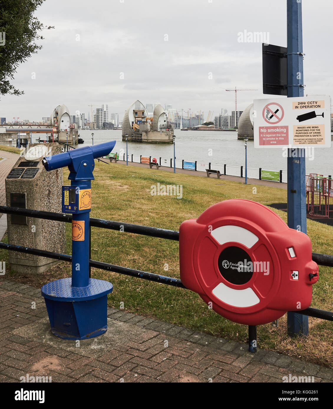 Telescope viewing point at the Thames Barrier, Greenwich, London, United Kingdom Stock Photo