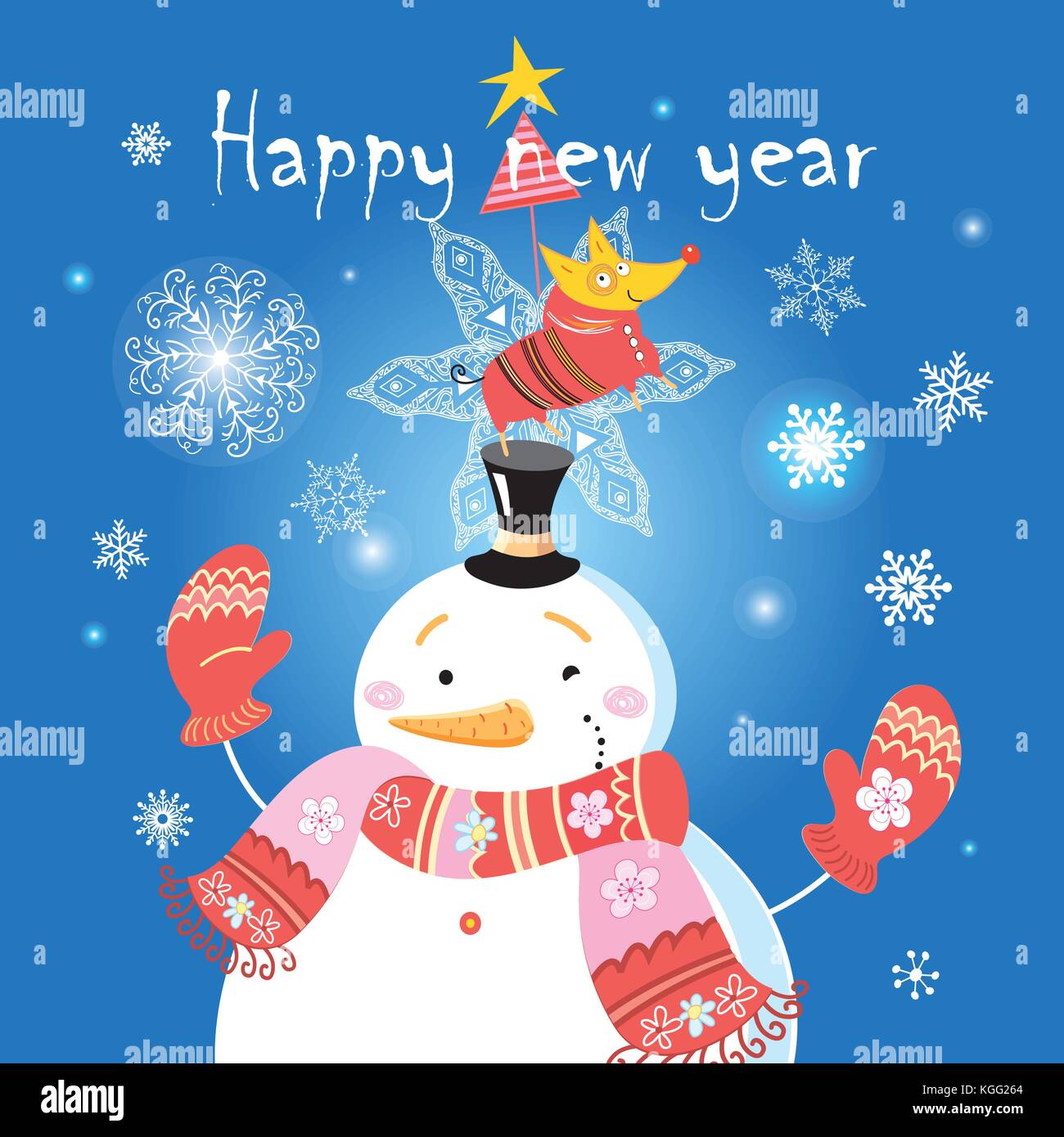 Festive Christmas card with a snowman and a dog on a blue background ...