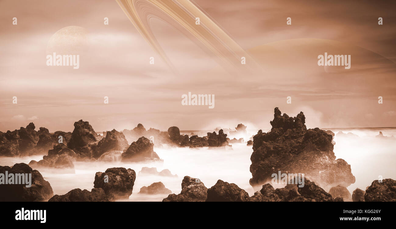 view at Saturn from the moon Titan, alien landscape with ocean and strange rock formations (3d illustration) Stock Photo