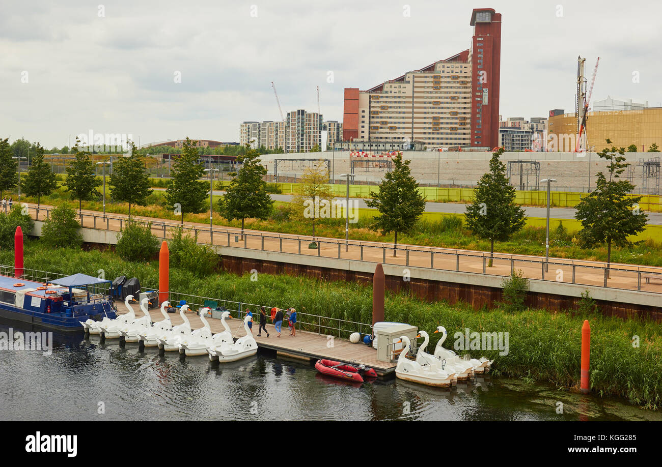 Swan shaped pedal boats for rent in the Queen Elizabeth Olympic Park, Stratford, London Stock Photo