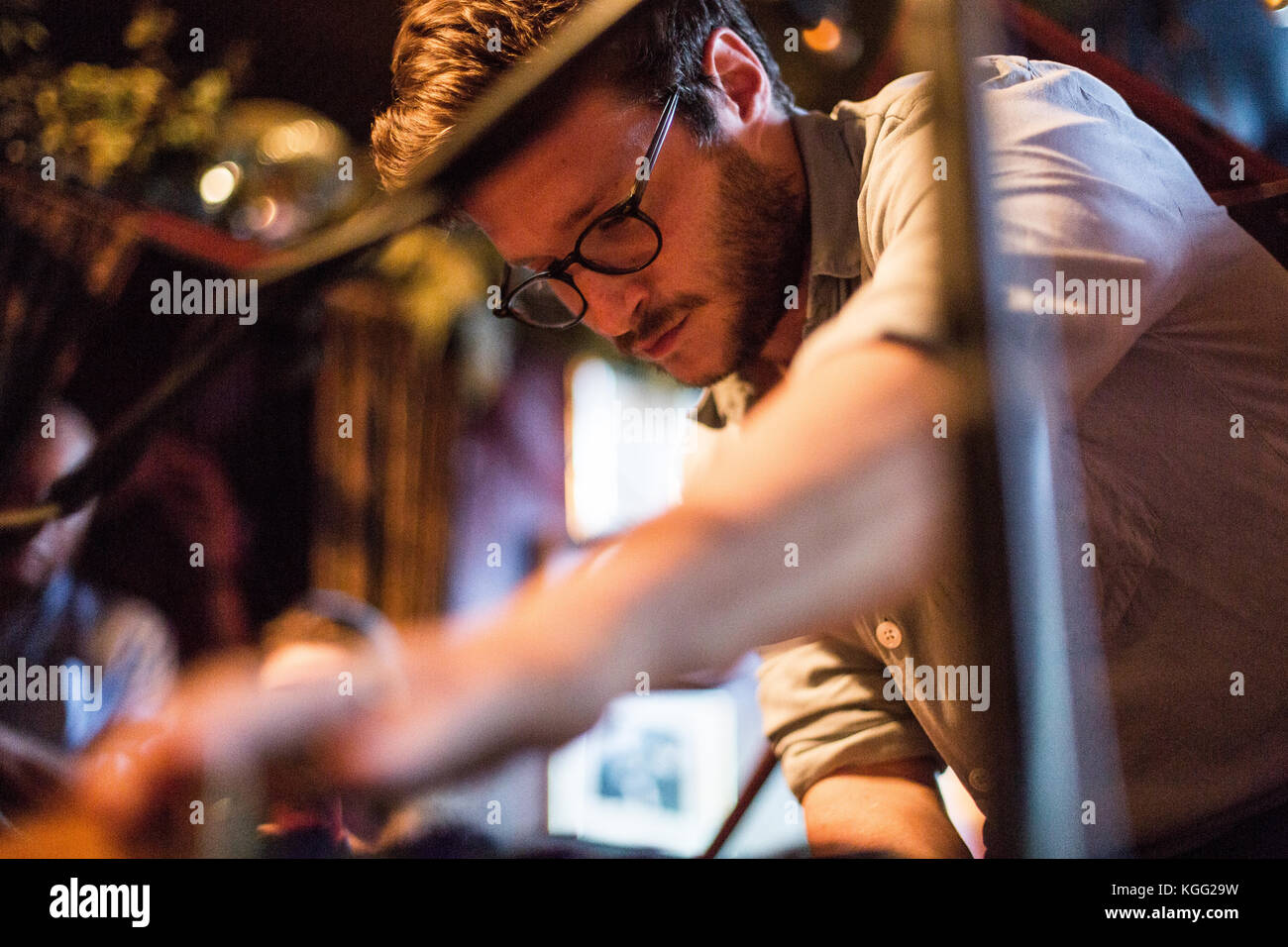 The Danish musician, composer and pianist August Rosenbaum performs a live intimate concert at Café Intime in Copenhagen as part of the international electronic music festival STRØM Festival 2014. Denmark, 11/08 2014. Stock Photo