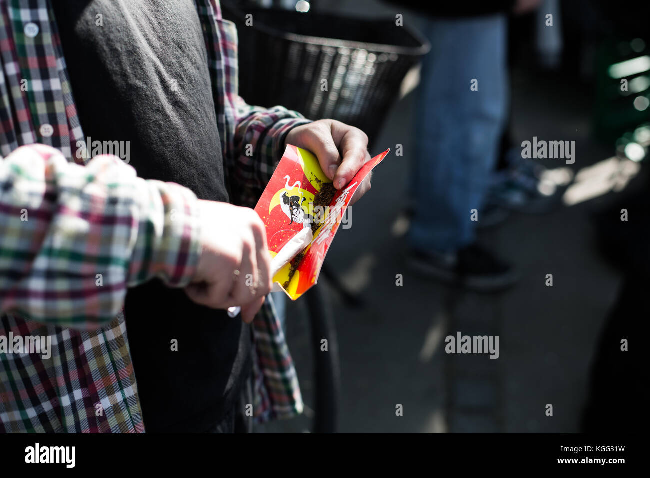 A man is preparing a joint at the annual Pro 420 Cannabis Day in Copenhagen. Denmark 20/04 2014. Stock Photo