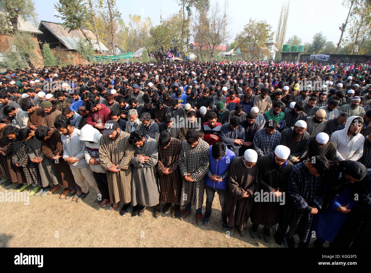 Pulwama, India. 07th Nov, 2017. Kashmiri villagers offer funeral prayers in absentia for militants in Drabgam, Pulwama some 45 kilometers from Srinagar the summer capital of Indian controlled Kashmir on November 07, 2017.Three militants and an Indian army soldier were killed in a gun-battle between militants and government forces in Aglar Kandi area of south Kashmir's Pulwama, Police reports. Credit: Faisal Khan/Pacific Press/Alamy Live News Stock Photo