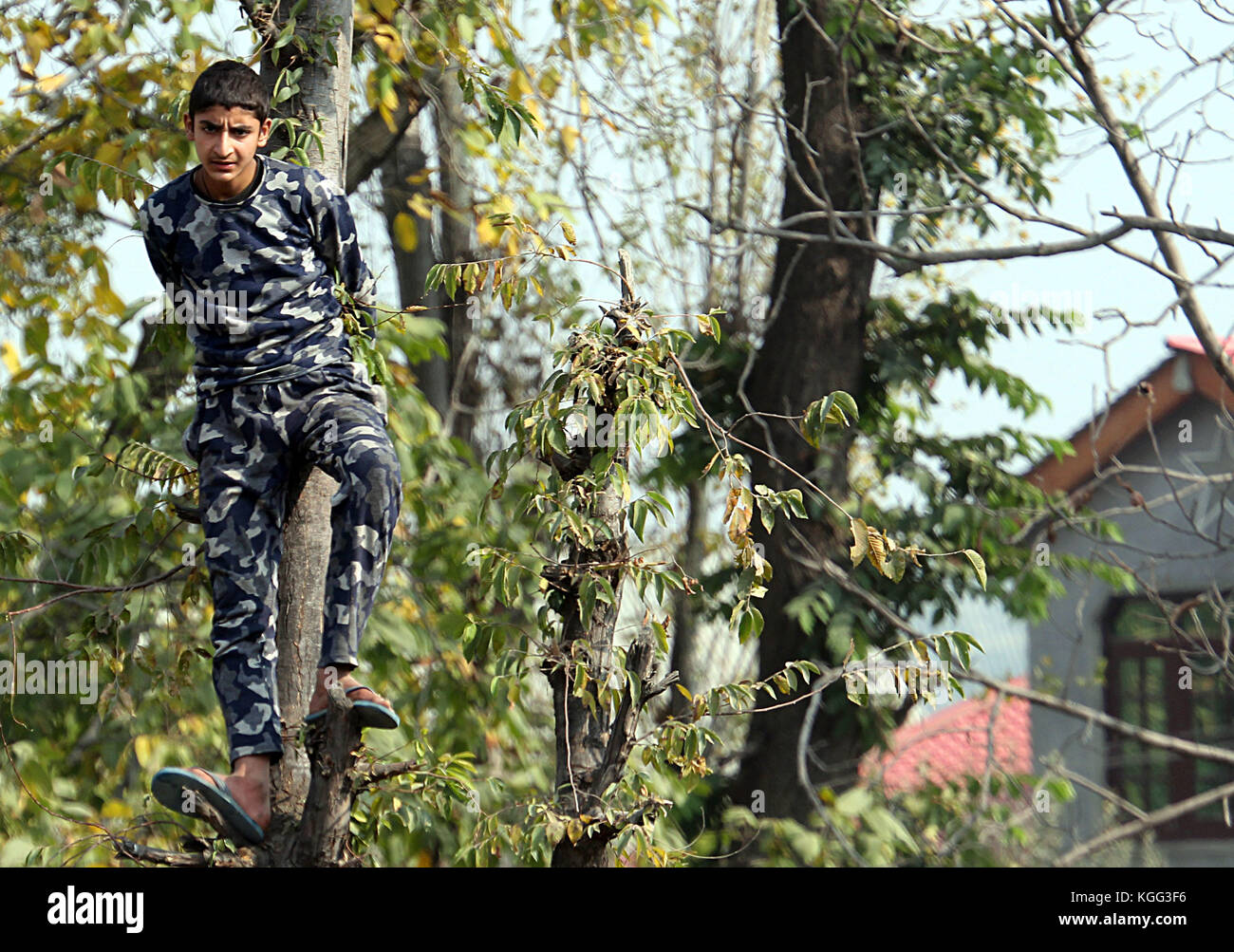 Pulwama, India. 07th Nov, 2017. A boy watches the funeral (not in picture) of Waseem Ahmad a local militant in Drabgam, Pulwama some 45 kilometers from Srinagar the summer capital of Indian controlled Kashmir on November 07, 2017.Three militants and an Indian army soldier were killed in a gun-battle between militants and government forces in Aglar Kandi area of south Kashmir's Pulwama, Police reports Credit: Faisal Khan/Pacific Press/Alamy Live News Stock Photo