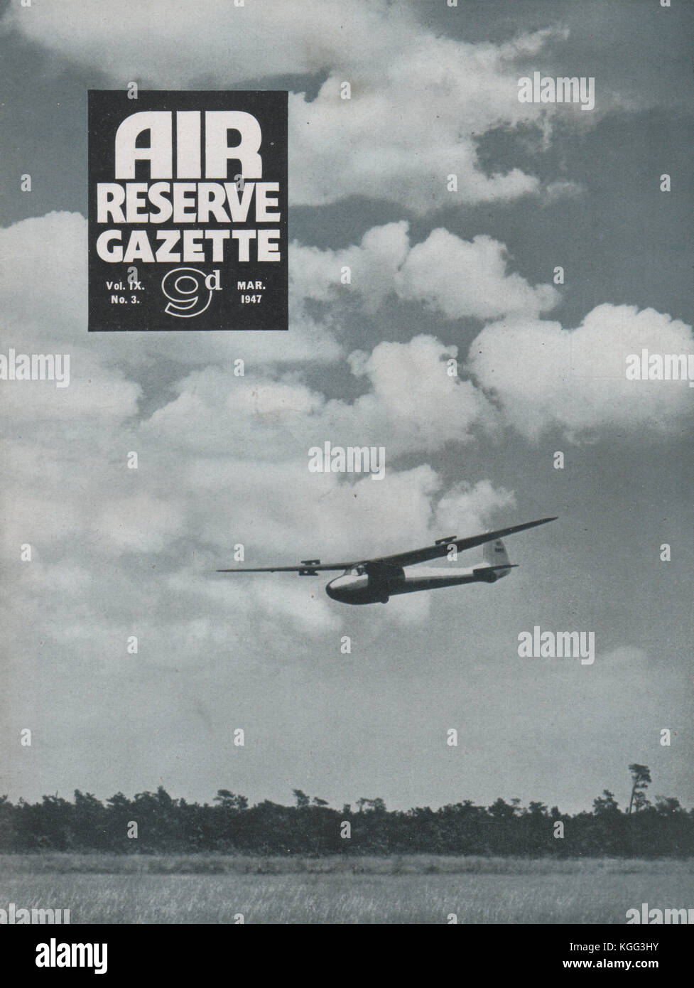 Vintage Air Reserve Gazette magazine cover dated March 1947 showing an Olympia sailplane or glider of the post war era Stock Photo