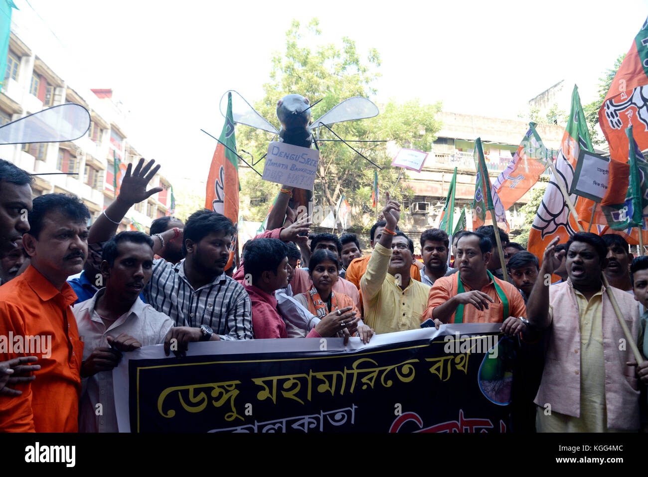 Kolkata, India. 07th Nov, 2017. BJP Yuva Morch activist carries huge replica of mosquito during a protest over Dengue outbreak in Kolkata. Bharatiya Janta Party (BJP) Yuva Morcha or youth wing stage a demonstration against the Dengue outbreak in front of Kolkata Municipal Corporation head quarter on November 7, 2017 in Kolkata. Credit: Saikat Paul/Pacific Press/Alamy Live News Stock Photo