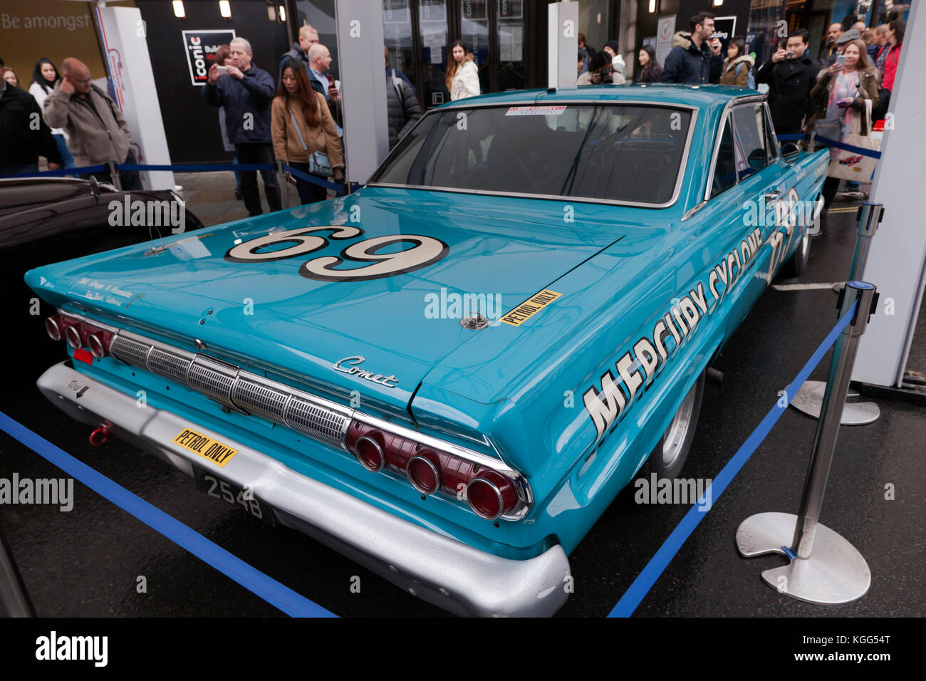 Rear view of a 1964 Mercury Comet Cyclone race car, driven by Emanuele Pirro and Roger Wills,  on display at the Regents Street Motor Show 2017. Stock Photo