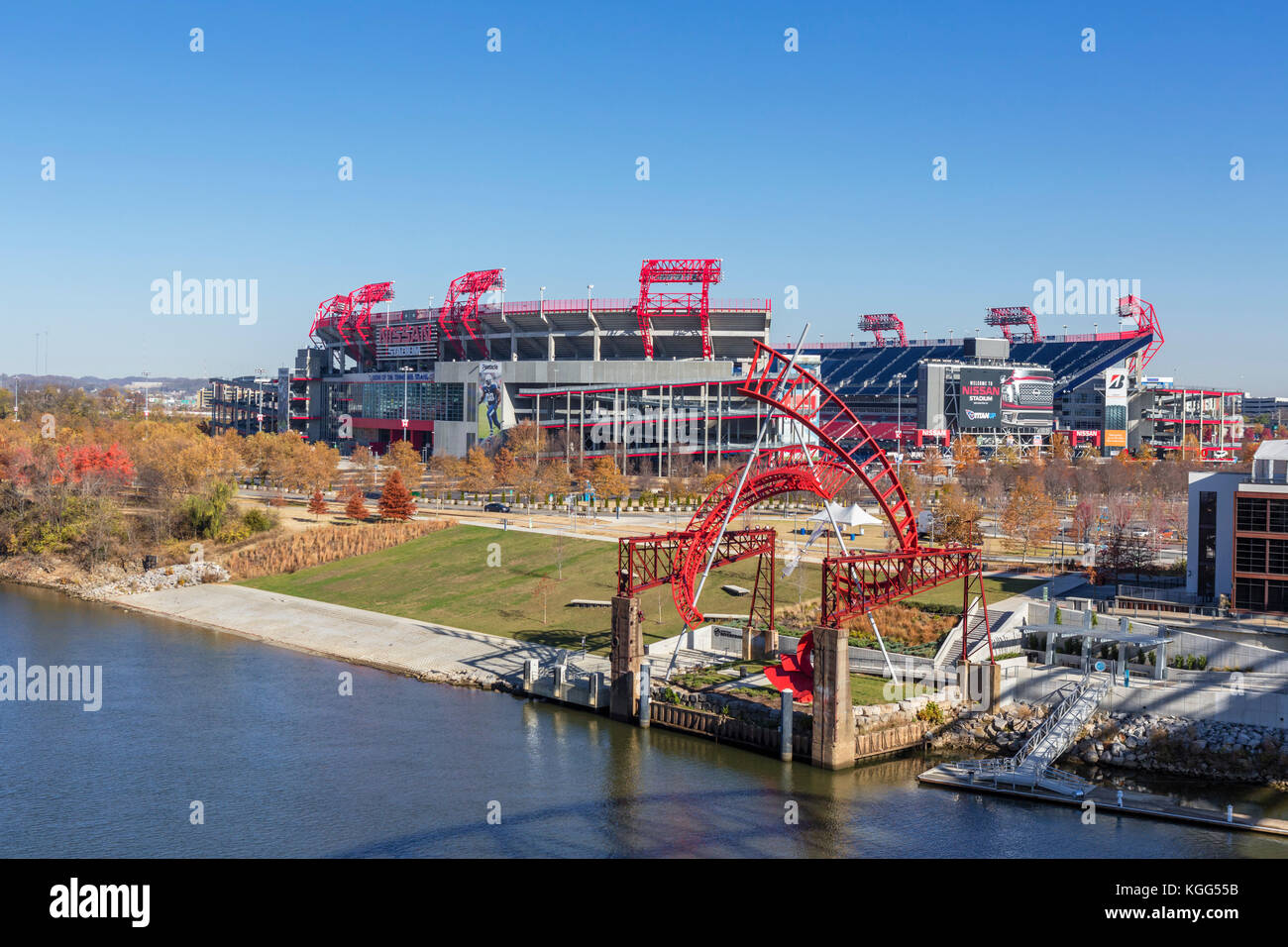 The Nissan Stadium, Nashville,Tennessee, USA. Alice Aycock's sculpture Ghost Ballet for the East Bank Machineworks is in the foreground. Stock Photo