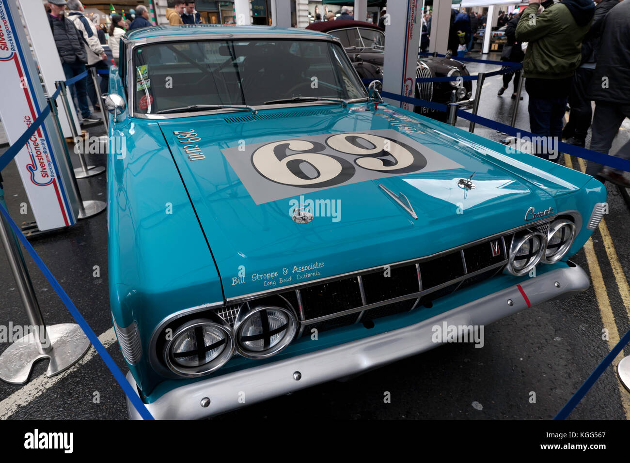 Front view of a  1964 Mercury Comet Cyclone race car, driven by Emanuele Pirro and Roger Wills,  on display at the Regents Street Motor Show 2017. Stock Photo