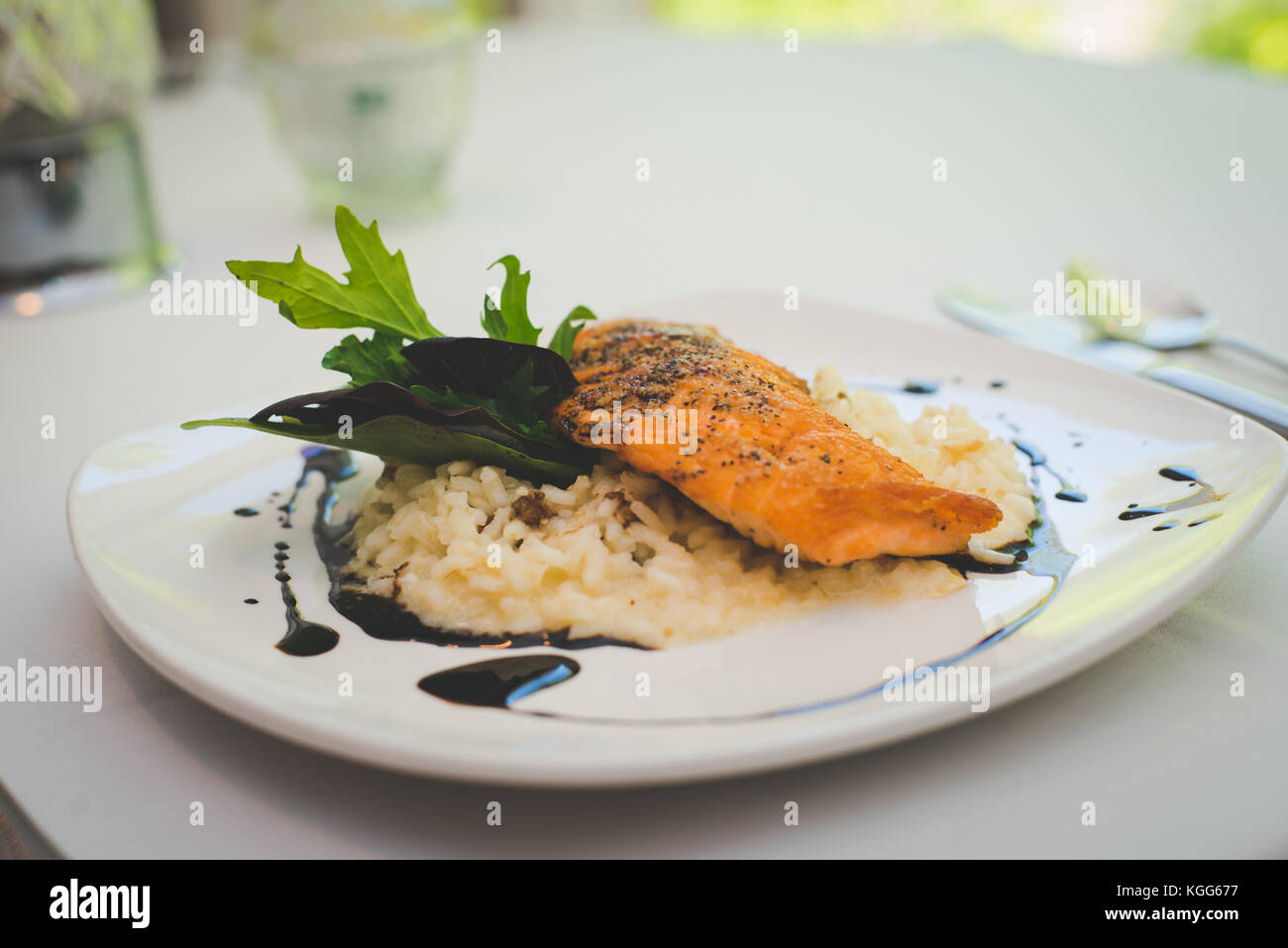 A salmon and rice dish presented plated at a restaurant Stock Photo Alamy