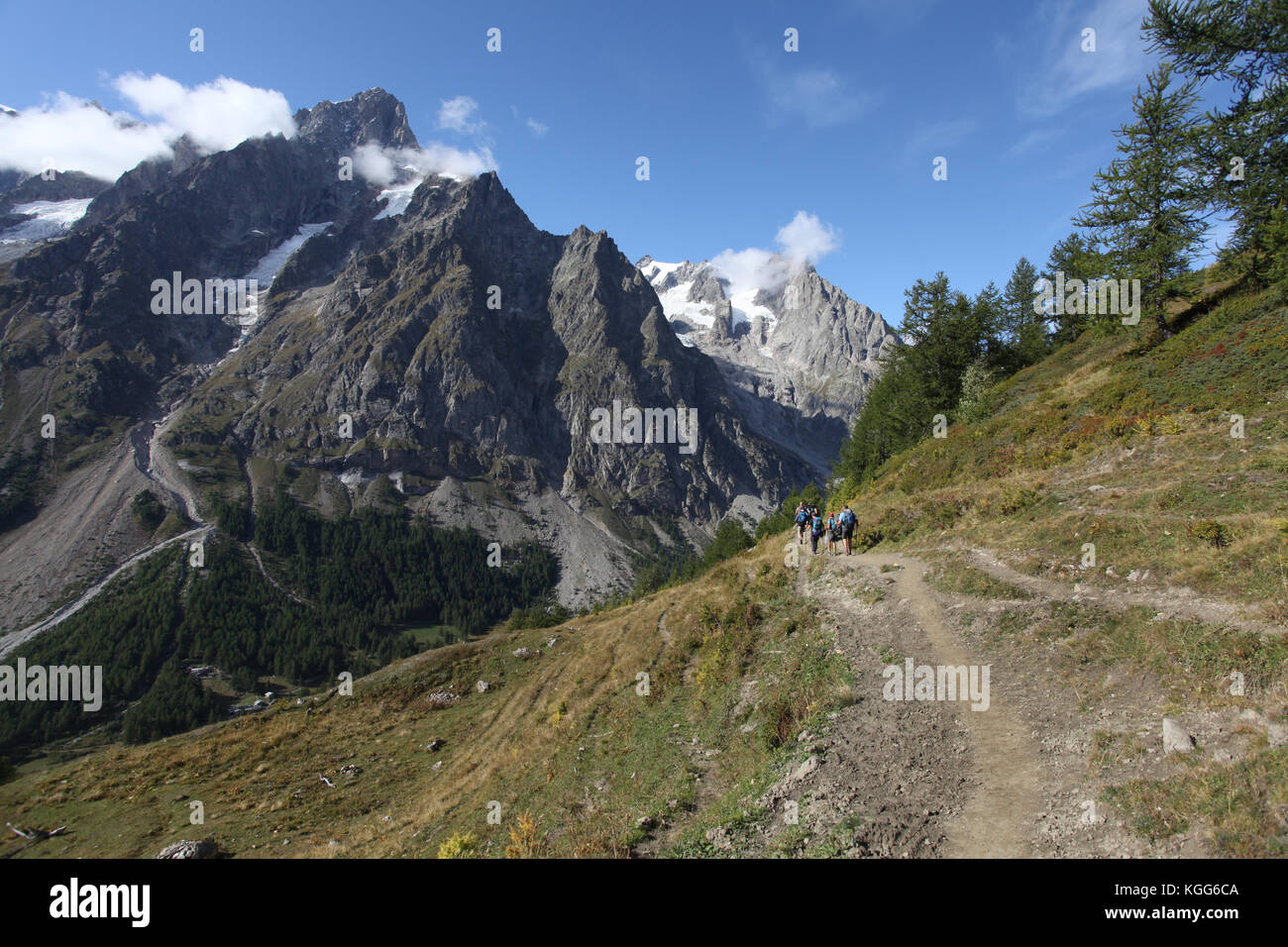 beautiful panoramic view of the alps around the Mont Blanc mountain range in Europe. Tour the Mont Blanc hiking around glaciers, forests and streams Stock Photo