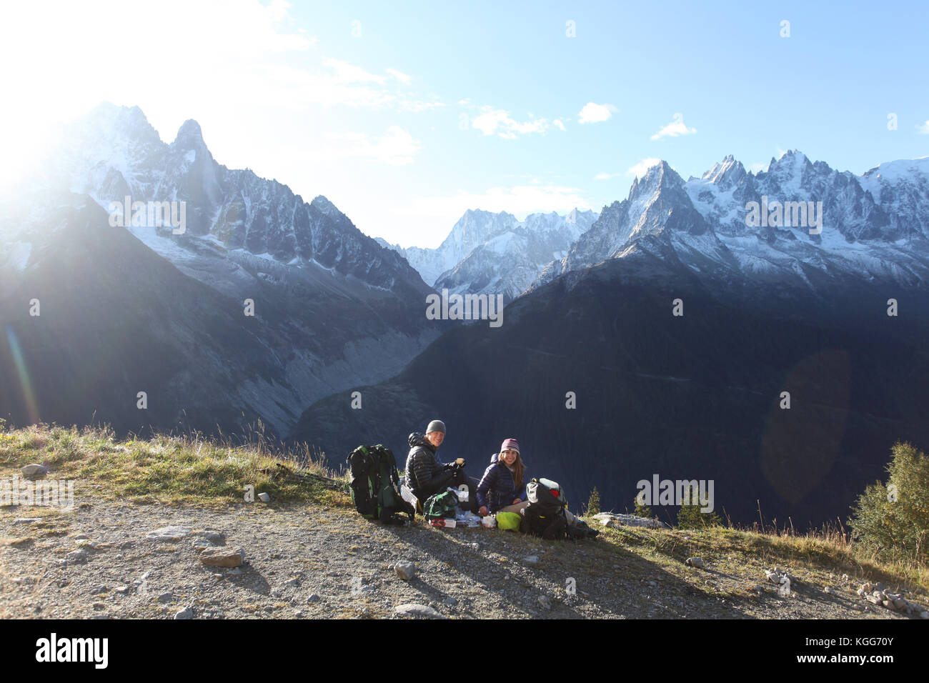 Amazing panoramas of mountain tops, glaciers and forests around the Mont Blanc mountain range in Europe - Italy, France and Switzerland. for hikers Stock Photo