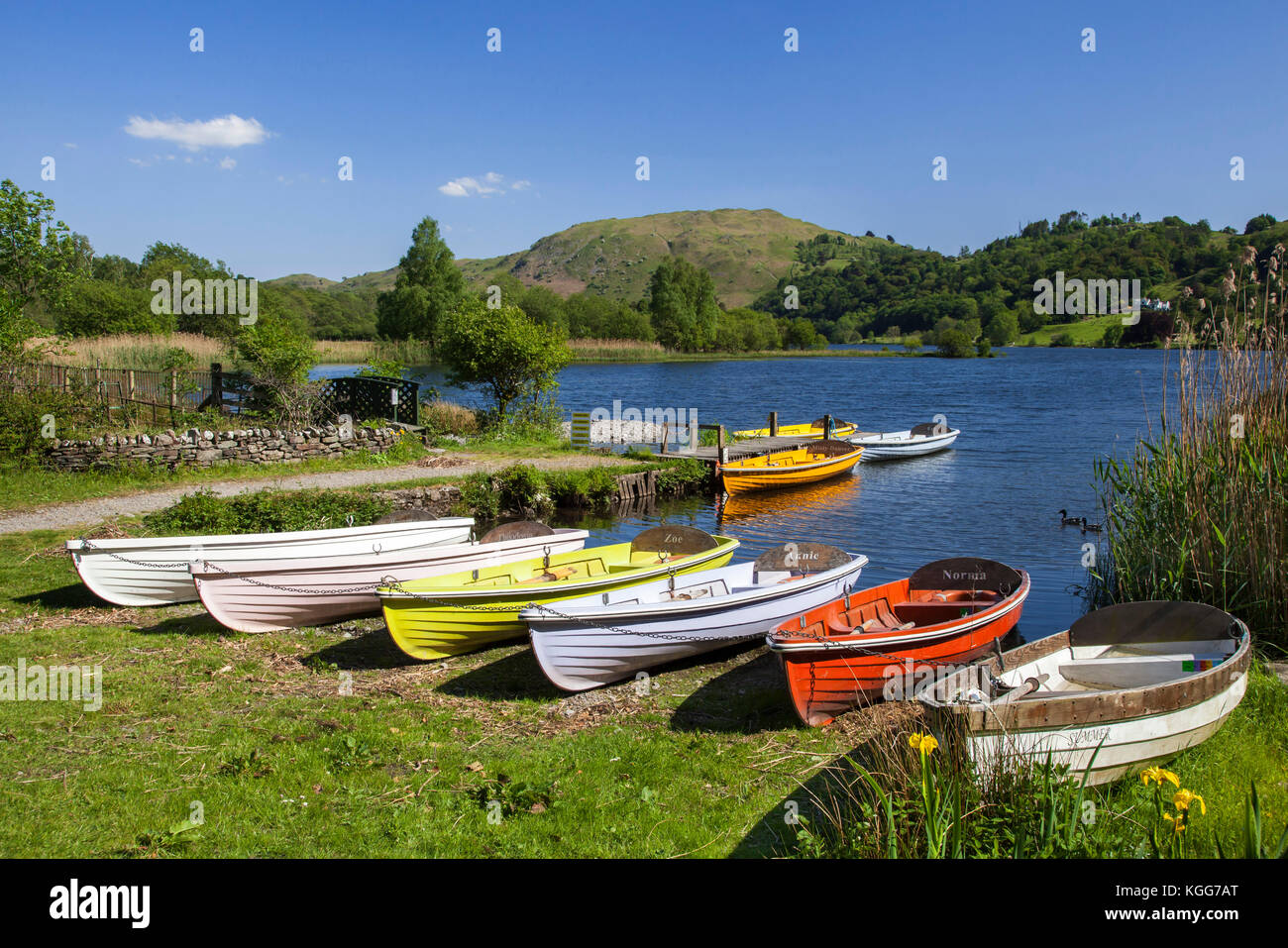 Boats by Grasmere Lake District national park Cumbria Stock Photo Alamy