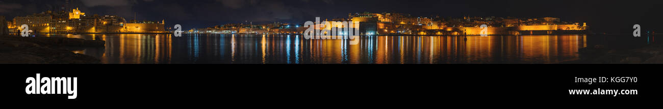 View from Fort Saint Angelo to Valletta at night (Malta) Stock Photo