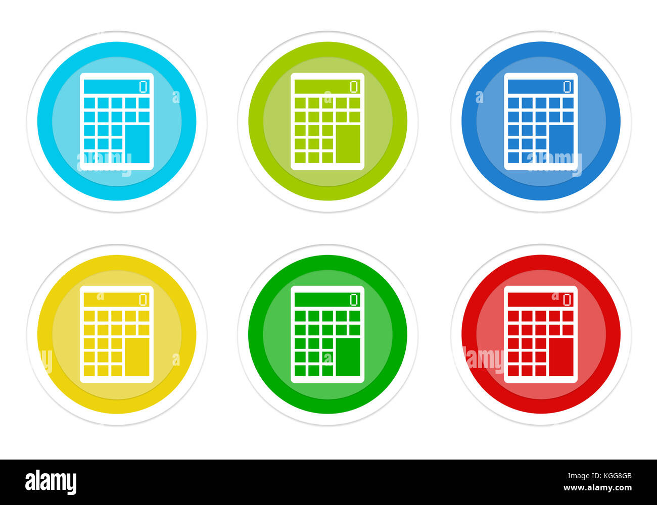 Set of rounded colorful buttons with calculator symbol in blue, green