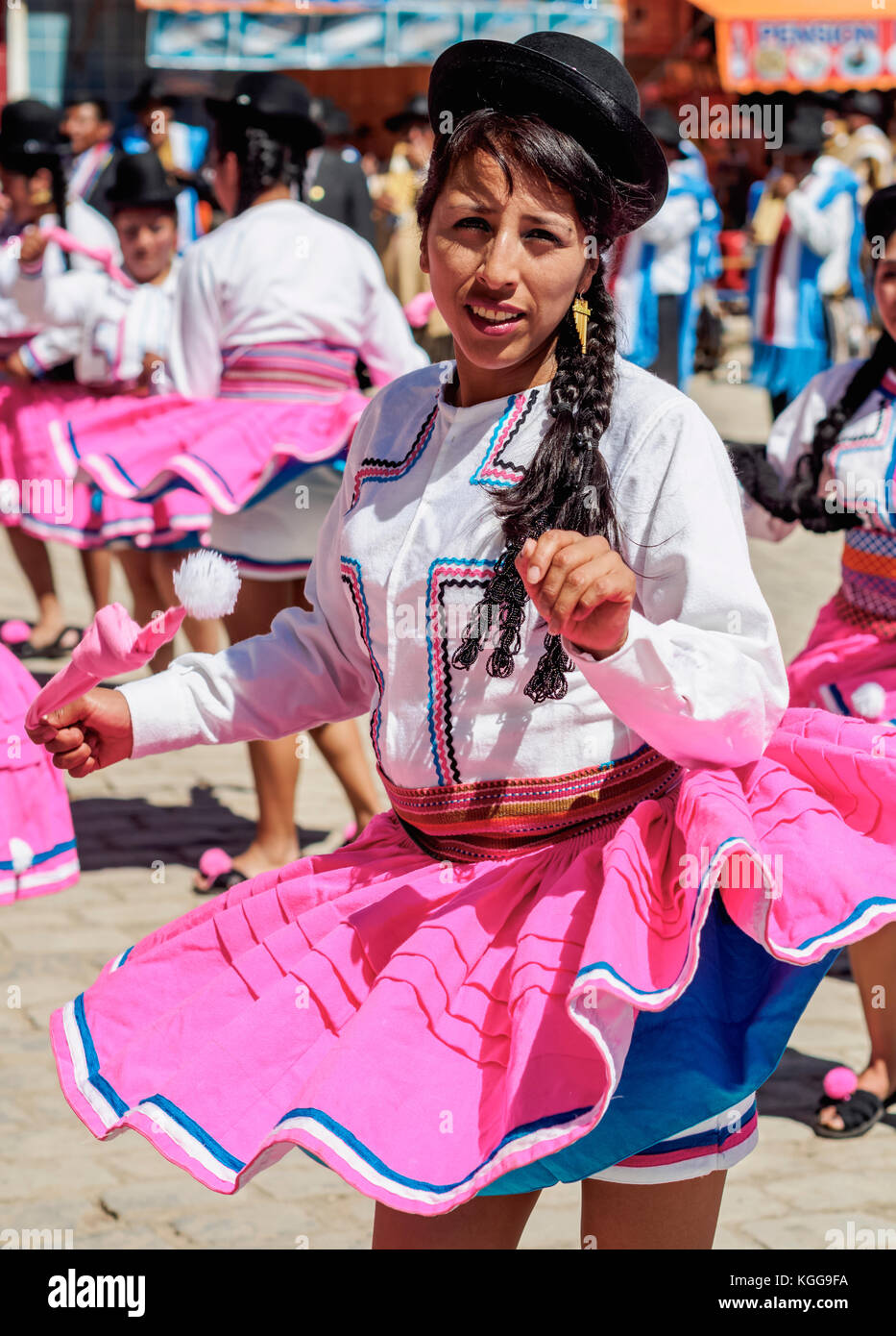 Dancer in Traditional Costume, Fiesta de la Virgen de la Candelaria, Copacabana, La Paz Department, Bolivia Stock Photo